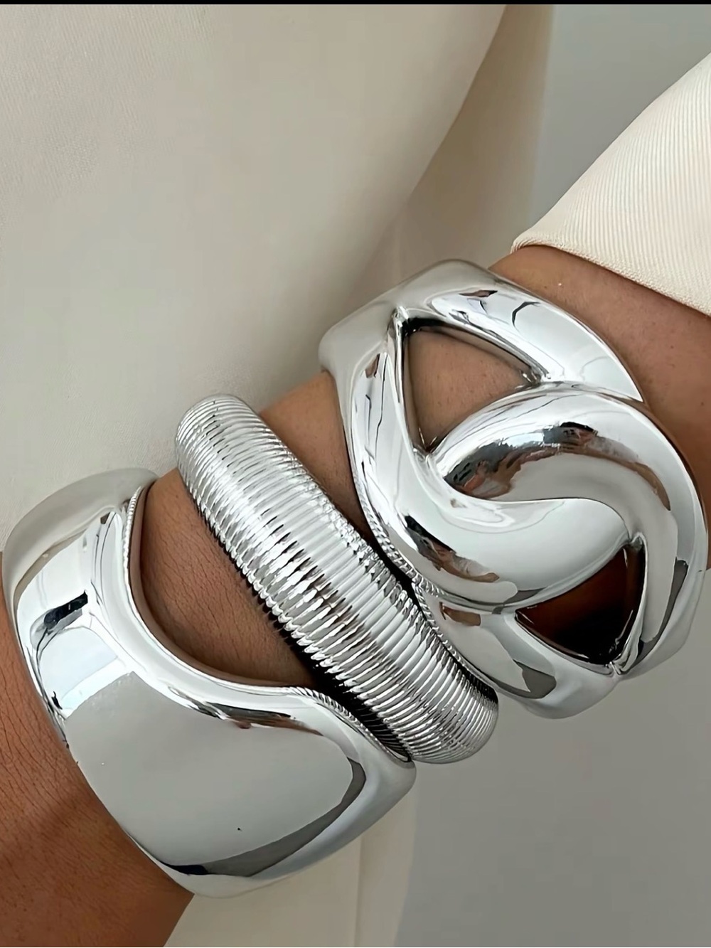 Silver Chunky Link & Ribbed Bangle Set - Women Jewelry